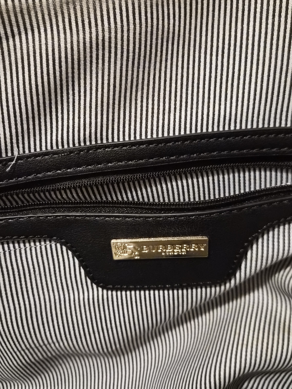 Burberry Black Leather-Trim Tote with Striped Lining and Gold Plaque